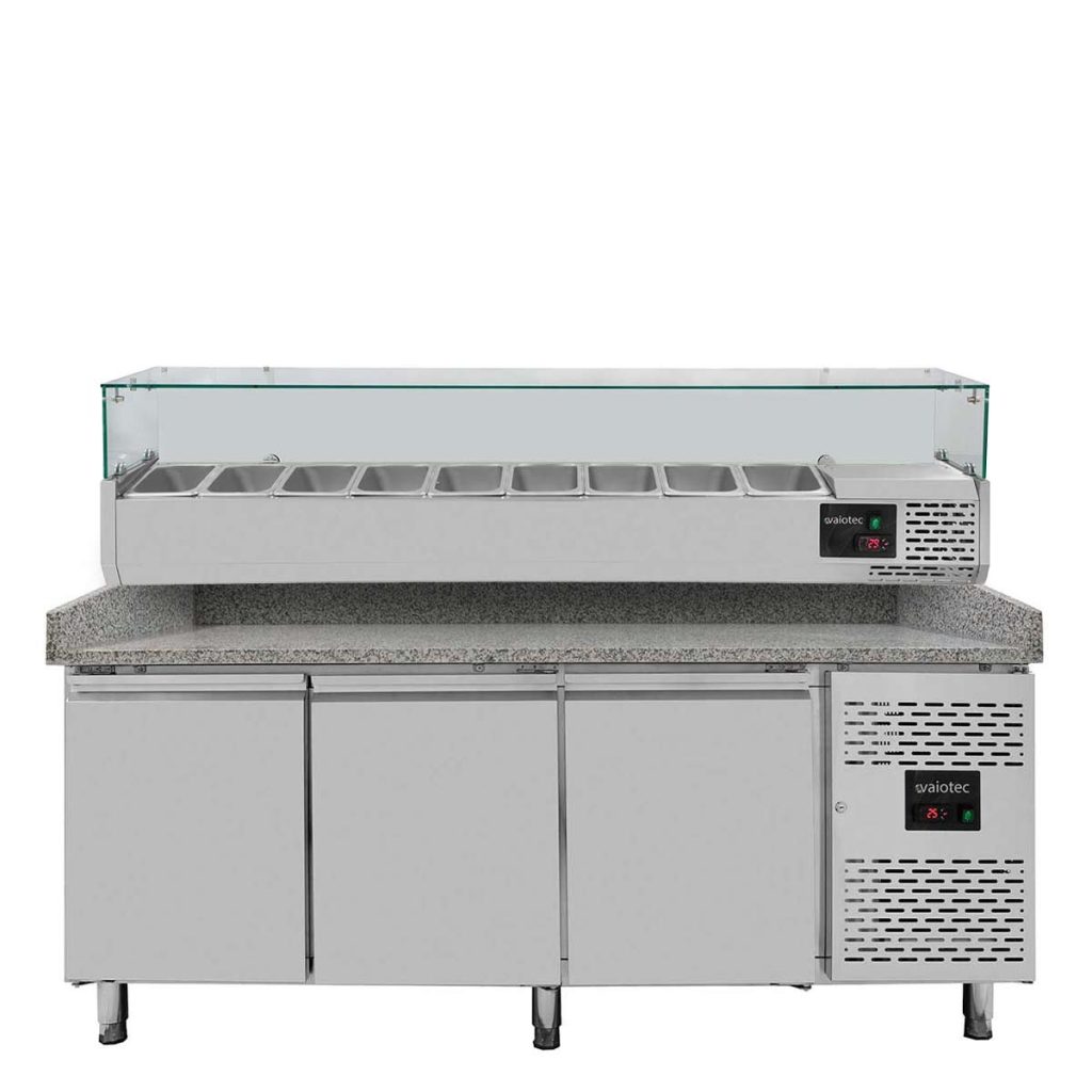 Tavolo pizza refrigerato VAIOTEC EASYLINE 3 porte grigio con vetrina refrigerata porta bacinelle 9× GN 1/3 – 2025×800 mm