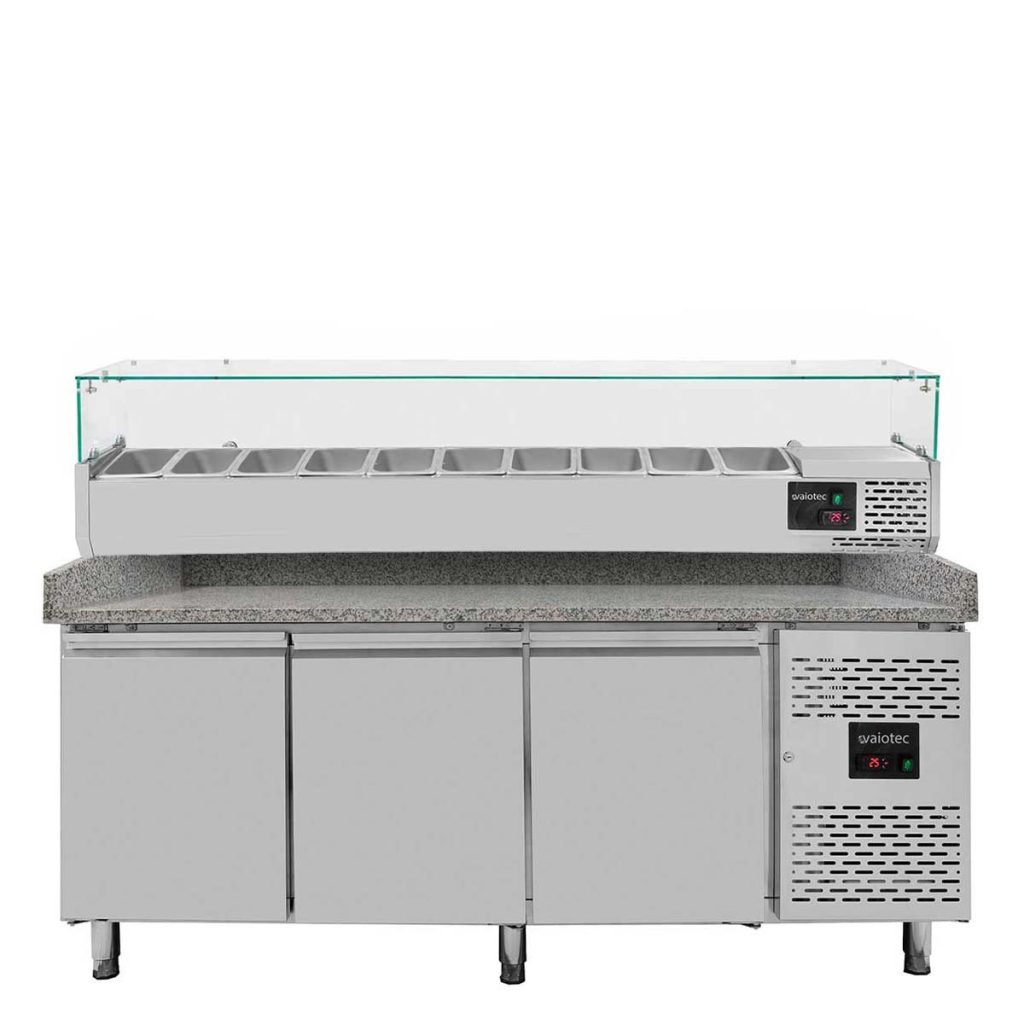 Tavolo pizza refrigerato / 3 porte “grigio” con vetrina GN1/4, 2020 x 800 mm