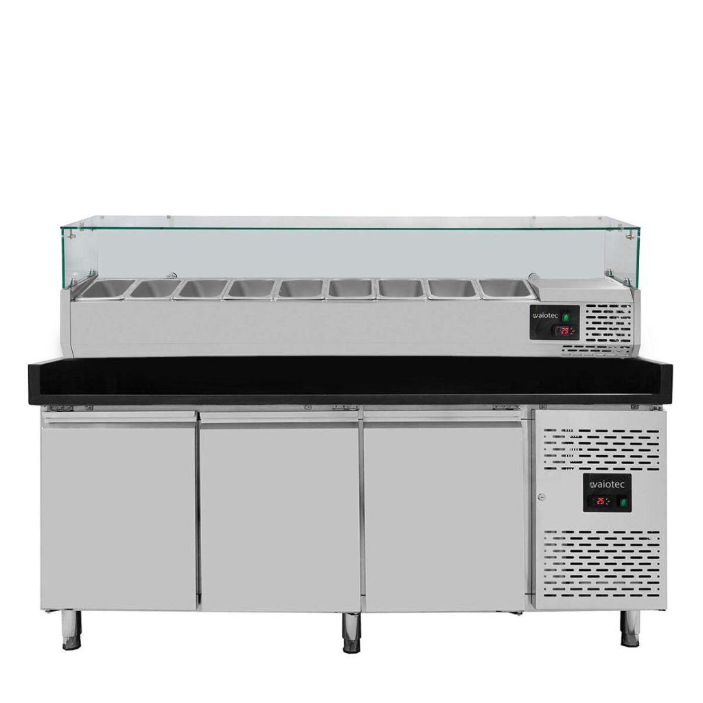 Tavolo pizza refrigerato VAIOTEC EASYLINE 3 porte nero con vetrina refrigerata porta bacinelle 9× GN 1/3 – 2025×800 mm