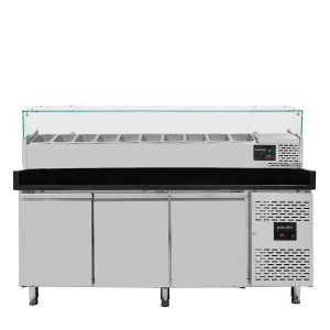 Tavolo pizza refrigerato / 3 porte "grigio" con vetrina GN1/4, 2020 x 800 mm
