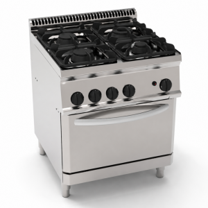 Cucina gas 4 fuochi con griglie in ghisa su forno statico gas GN2/1 e 1 griglia