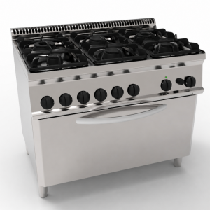 Cucina a gas su forno a gas statico GN 2/1 e vano chiuso, 6 fuochi