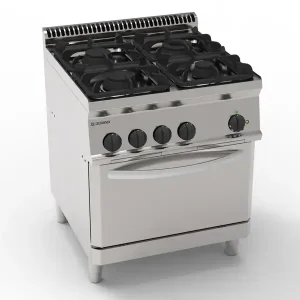 Cucina gas 4 fuochi con forno elettrico convezione GN1/1 e 1 griglia