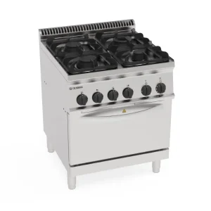 Cucina gas 4 fuochi con griglie in ghisa su forno elettrico statico GN2/1 con 1griglia