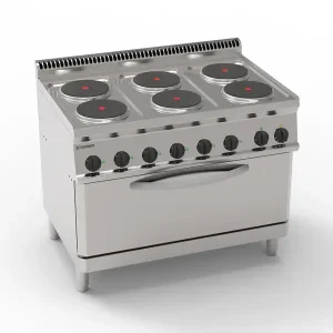 Cucina elettrica 6 piastre ermetiche tonde (diam 22cm -8.7in) su forno elettrico statico full-size (cm92,5x63x30) e 1 griglia