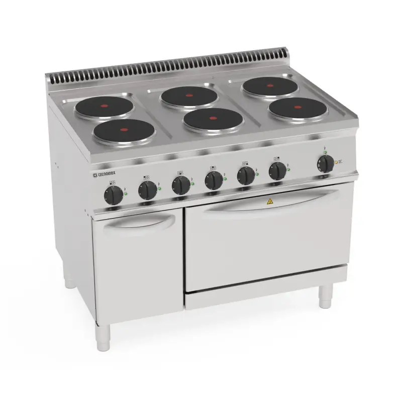 • Cucina elettrica da 105 cm con 6 piastre tonde in ghisa diametro 22 cm su forno elettrico a convezione GN 1/1 e vano con porta da 35 cm. • Piano di lavoro stampato con angoli arrotondati per evitare traboccamenti e per la massima igiene e facilità di pu