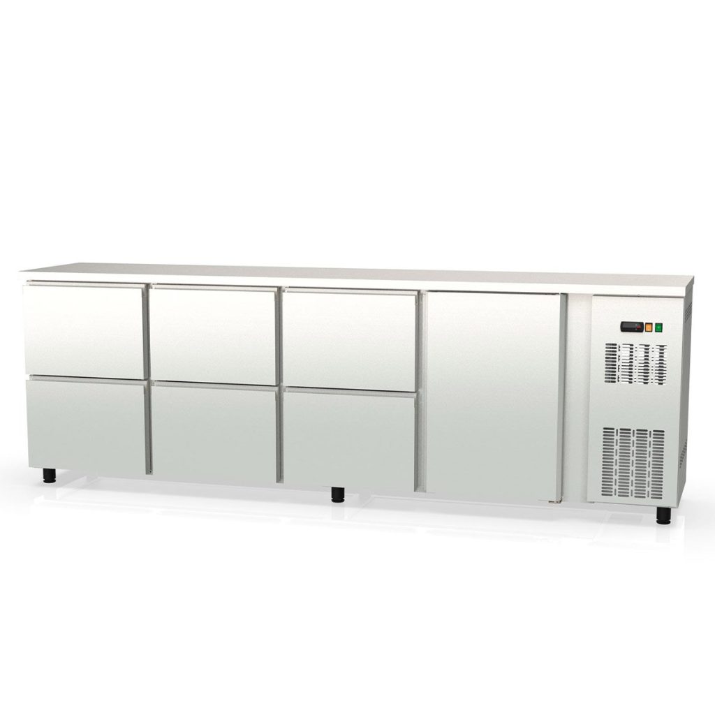 Banco frigo bar TOPLINE inox / 1 porta e 6 cassetti, 2565 x 530 mm