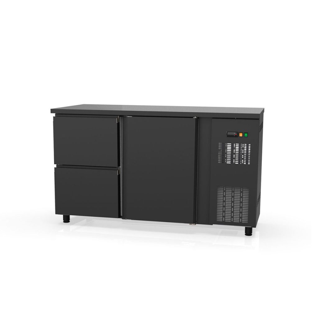 Banco frigo bar TOPLINE nero / 1 porta e 2 cassetti, 1485 x 530 mm