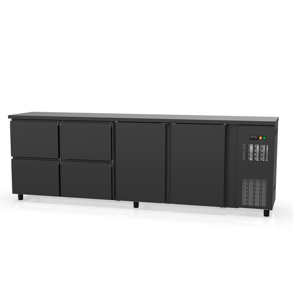 Banco frigo bar TOPLINE nero / 2 porte e 4 cassetti, 2565 x 530 mm
