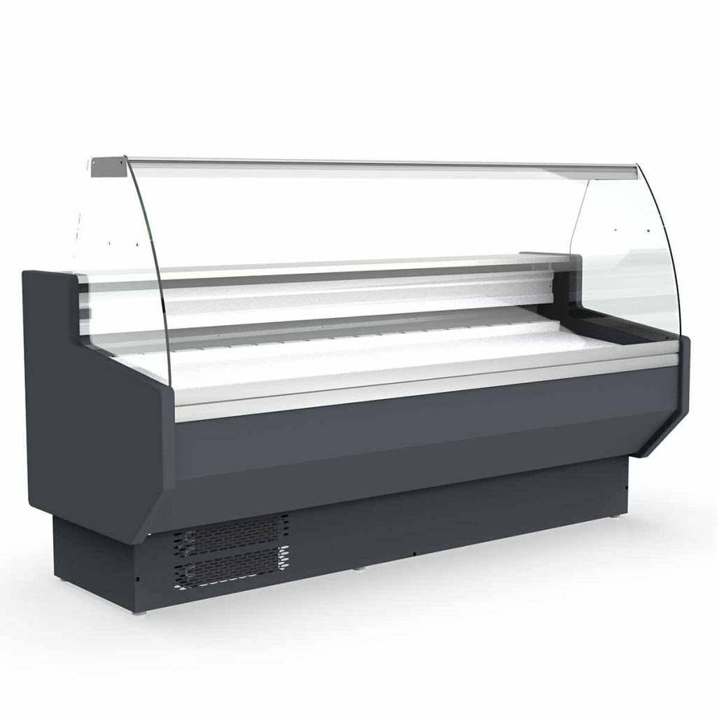Banco refrigerato TOPLINE 200 – vetro frontale curvo “grigio”, 1985 x 800 mm