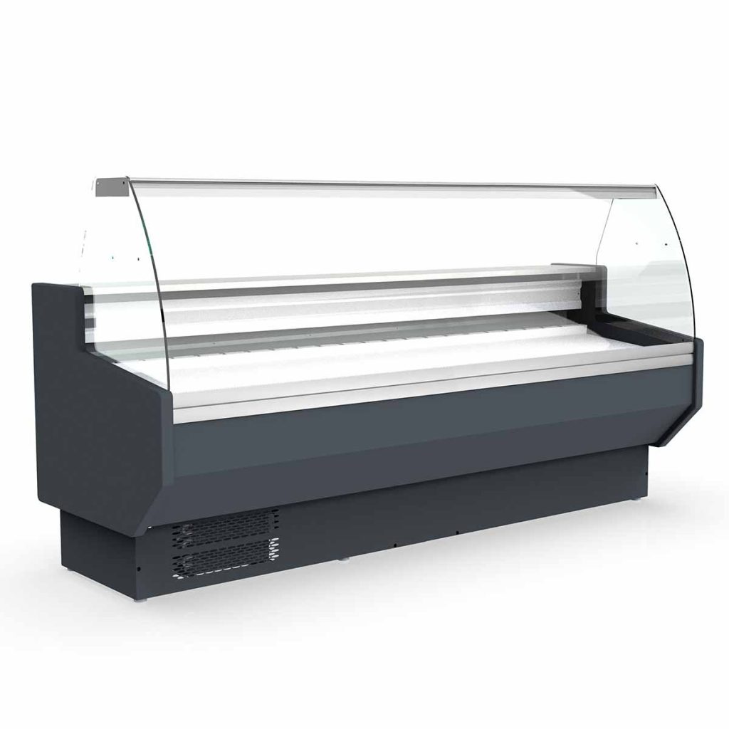 Banco refrigerato TOPLINE 250 – vetro frontale curvo “grigio”, 2465 x 800 mm