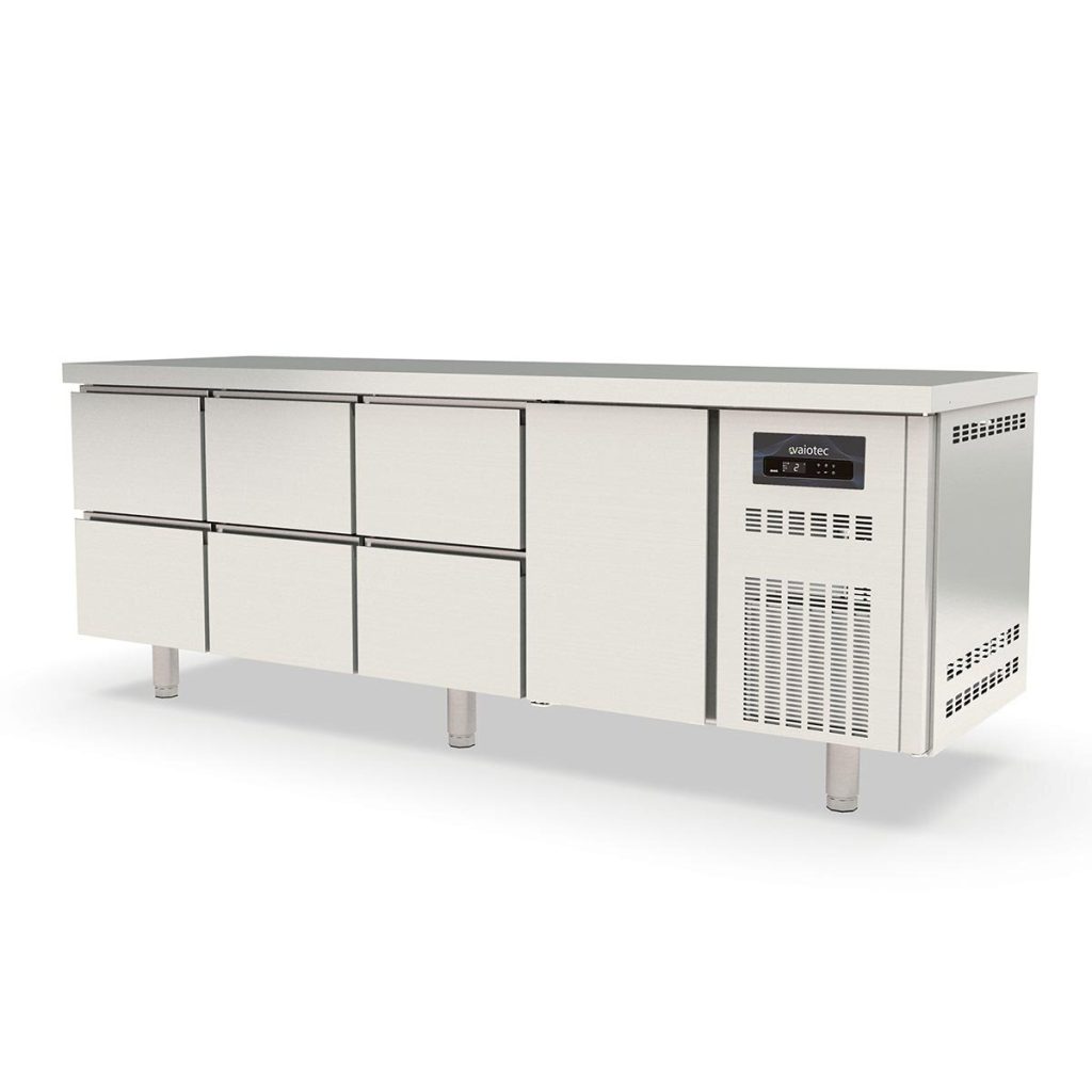 Tavolo refrigerato TOPLINE / 4 vani GN1/1 con 6 cassetti e 1 porta, 2245 x 700 mm