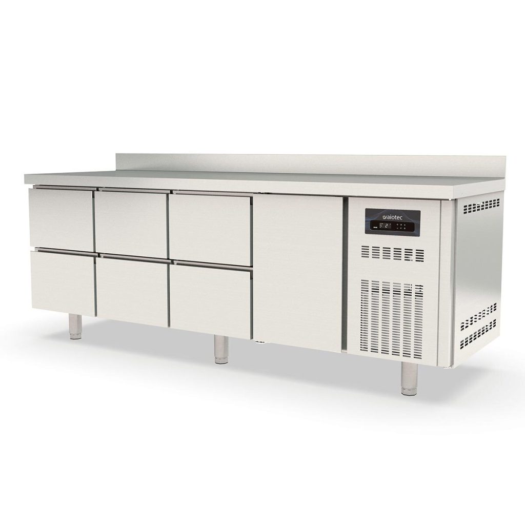 Tavolo refrigerato TOPLINE / 4 vani GN1/1 con 6 cassetti, 1 porta e alzata, 2245 x 700 mm