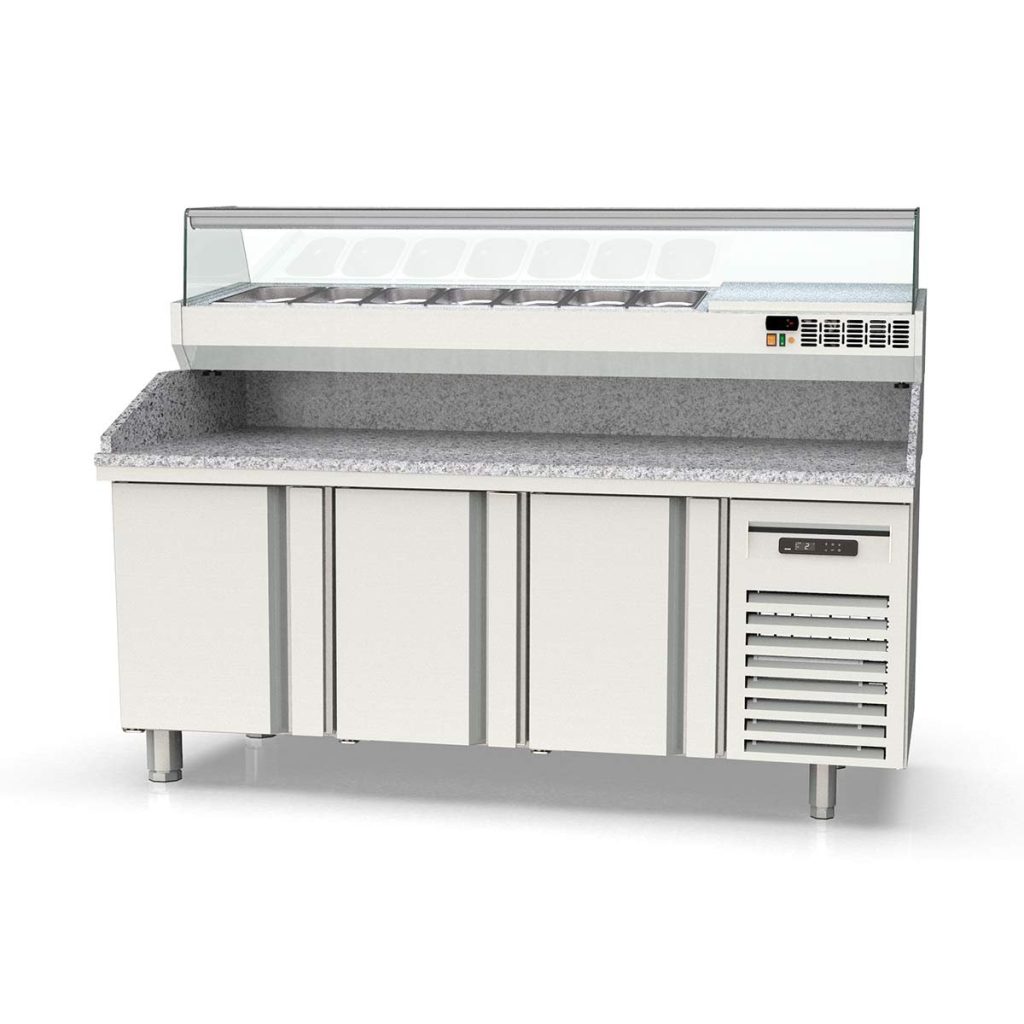 Tavolo pizza refrigerato / 2 porte e 7 cassetti “nero” con vetrina GN1/4, 2020 x 800 mm