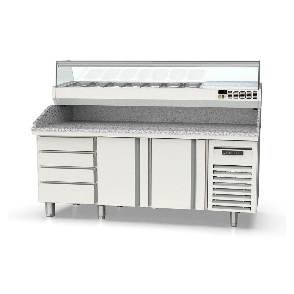 Tavolo pizza refrigerato / 3 porte “nero” con vetrina GN1/4, 2020 x 800 mm