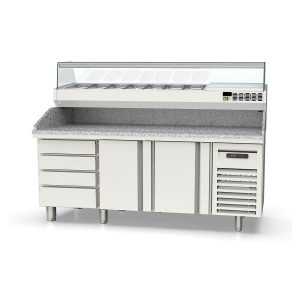 Tavolo pizza refrigerato / 3 porte "nero" con vetrina GN1/4, 2020 x 800 mm