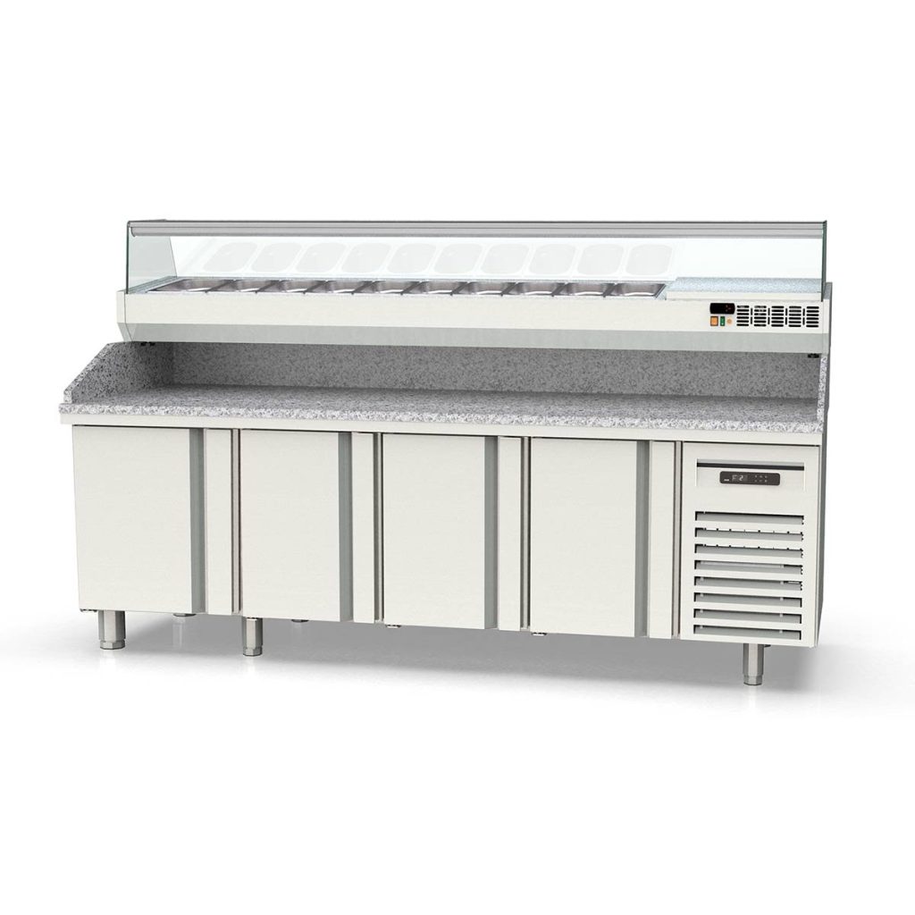 Tavolo pizza refrigerato / 1 porta e 7 cassetti “nero” con vetrina GN1/4, 1510 x 800 mm