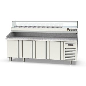 Tavolo pizza refrigerato / 1 porta e 7 cassetti "nero" con vetrina GN1/4, 1510 x 800 mm