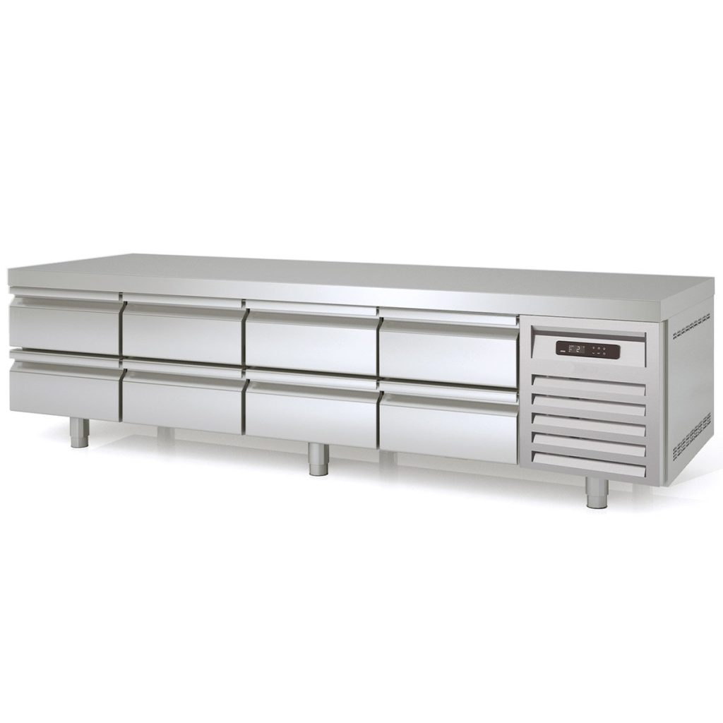 Tavolo refrigerato sottobanco TOPLINE / 4 vani GN 1/1 con 8 cassetti, 2245 x 700 mm