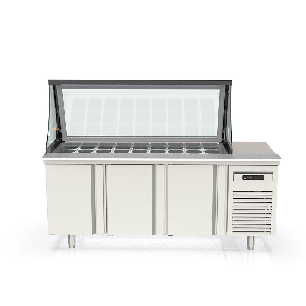 Tavolo pizza refrigerato / 2 porte e 7 cassetti “nero” con vetrina GN1/3, 2020 x 800 mm