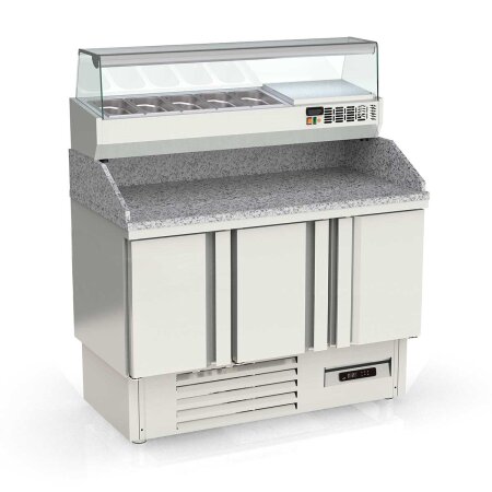 Tavolo pizza refrigerato TOPLINE 3 porte Extravolume con sovrastruttura GN 1/4 – 1370×700 mm