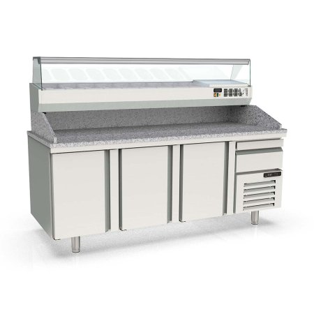 Tavolo pizza refrigerato TOPLINE 3 porte EN 60×40 con cassetto e sovrastruttura GN 1/4 – 2090×800 mm