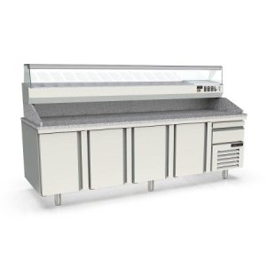 Tavolo pizza refrigerato TOPLINE 4 porte EN 60×40 con cassetto e sovrastruttura GN 1/4 – 2615×800 mm