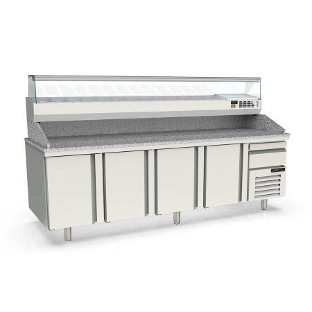 Tavolo pizza refrigerato TOPLINE 4 porte EN 60×40 con cassetto e sovrastruttura GN 1/4 – 2615×800 mm