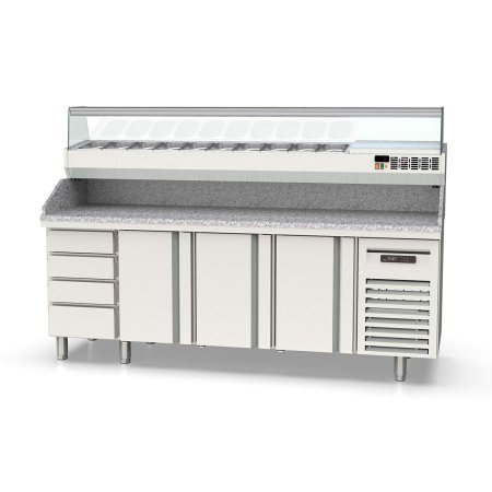 Tavolo pizza refrigerato TOPLINE 3 porte con blocco 4 cassetti e sovrastruttura GN 1/4 – 2245×700 mm