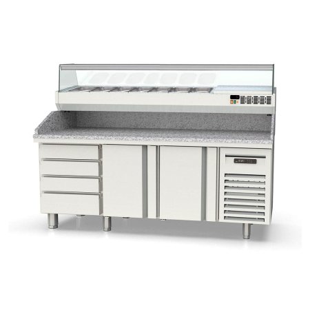 Tavolo pizza refrigerato TOPLINE 2 porte EN 60×40 con blocco 4 cassetti e sovrastruttura GN 1/4 – 2020×800 mm