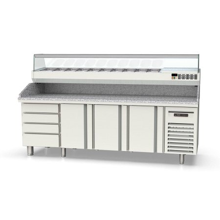 Tavolo pizza refrigerato TOPLINE 3 porte EN 60×40 con blocco 4 cassetti e sovrastruttura GN 1/4 – 2545×800 mm