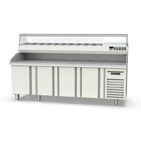 Tavolo pizza refrigerato TOPLINE 4 porte EN 60×40 con sovrastruttura GN 1/4 – 2545×800 mm