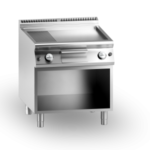 Inoxgastro 700 – Fry top a gas, piastra 2/3 liscia e 1/3 rigata, cromata lucida, su vano aperto, modulo 80 cm