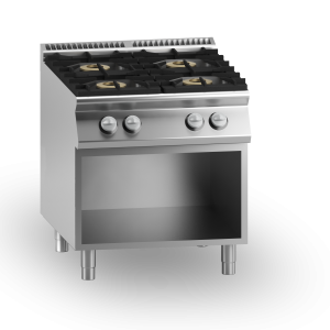 Inoxgastro 700 – Piano cottura a gas, bacinelle smaltate, 4 fuochi, su vano aperto, modulo 80 cm