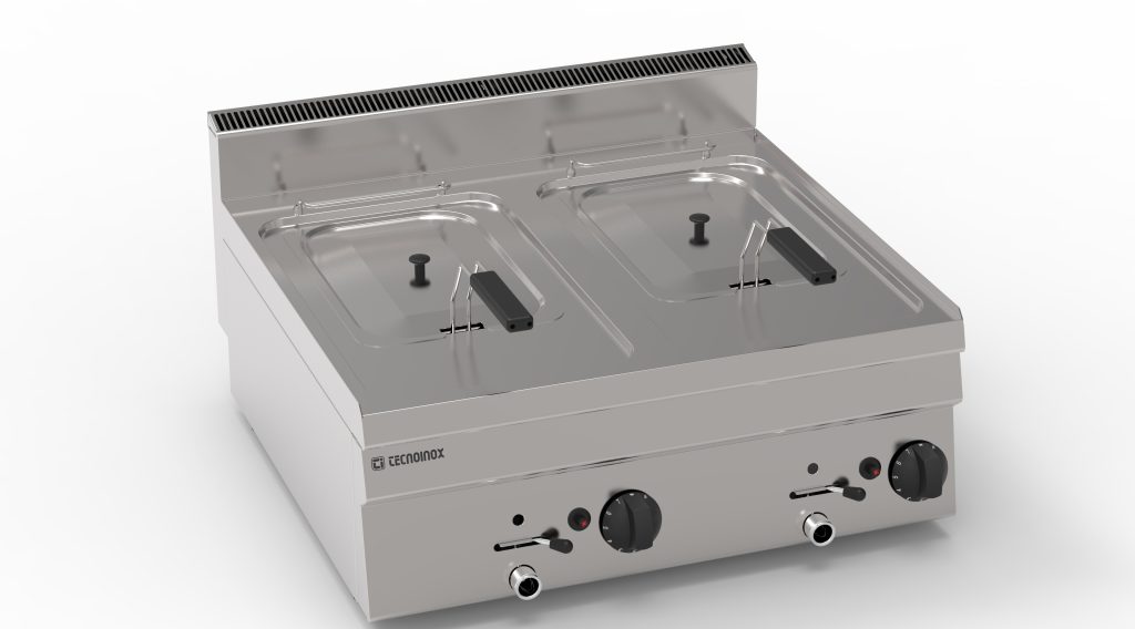 Friggitrice gas vasca doppia 8+8lt con scambiatori di calore in vasca top – cestelli e coperchi inclusi – Tecnoinox