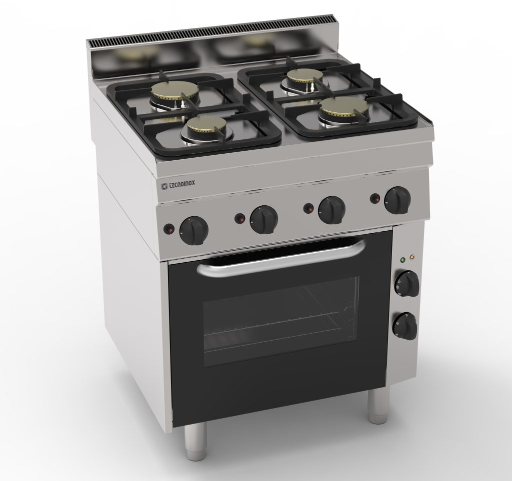 Cucina gas 4 fuochi con forno elettrico a convezione con 1 griglia e 1 teglia – Tecnoinox