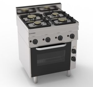 Cucina gas 4 fuochi con forno elettrico a convezione con 1 griglia e 1 teglia