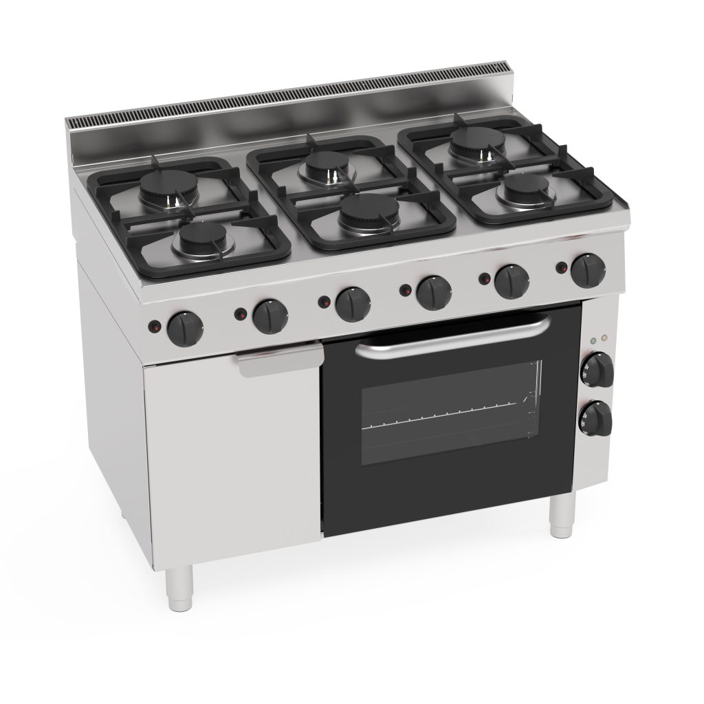 Cucina gas 6 fuochi con forno elettrico a convezione con 1 griglia e 1 teglia – Tecnoinox