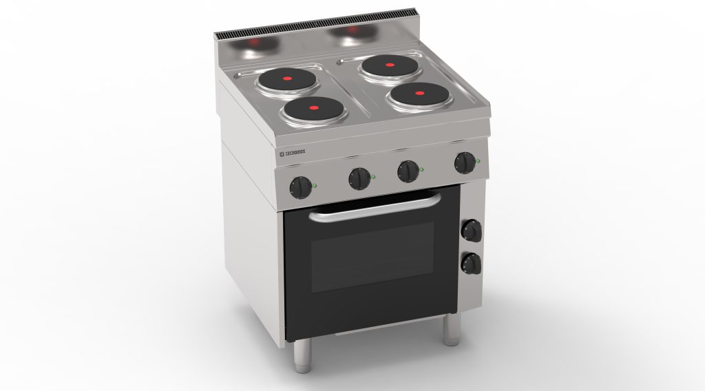 Cucina elettrica con 4 piastre ermetiche tonde (diam 18cm – 7.1in) e forno elettrico a convezione con 1 griglia e 1 teglia – Tecnoinox