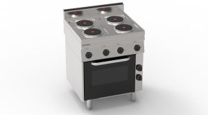 Cucina elettrica con 4 piastre ermetiche tonde (diam 18cm – 7.1in) e forno elettrico a convezione con 1 griglia e 1 teglia – Tecnoinox