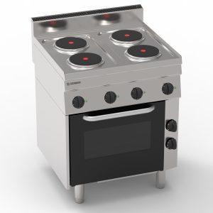 Cucina elettrica con 4 piastre ermetiche tonde (diam 18cm – 7.1in) e forno elettrico a convezione con 1 griglia e 1 teglia – Tecnoinox