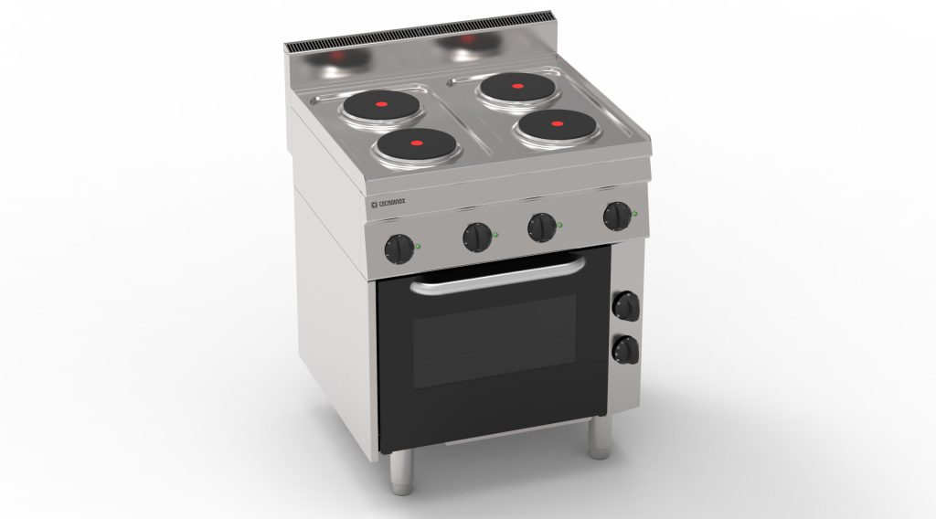 Cucina elettrica con 4 piastre ermetiche tonde (diam 18cm – 7.1in) e forno elettrico a convezione con 1 griglia e 1 teglia