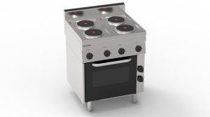 Cucina elettrica con 4 piastre ermetiche tonde (diam 18cm – 7.1in) e forno elettrico a convezione con 1 griglia e 1 teglia