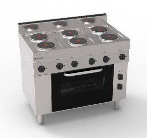 Cucina elettrica con 6 piastre ermetiche tonde (diam 18cm – 7.1in) e forno elettrico a convezione con 1 griglia e 1 teglia – Tecnoinox