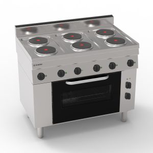 Cucina elettrica con 6 piastre ermetiche tonde (diam 18cm – 7.1in) e forno elettrico a convezione con 1 griglia e 1 teglia – Tecnoinox