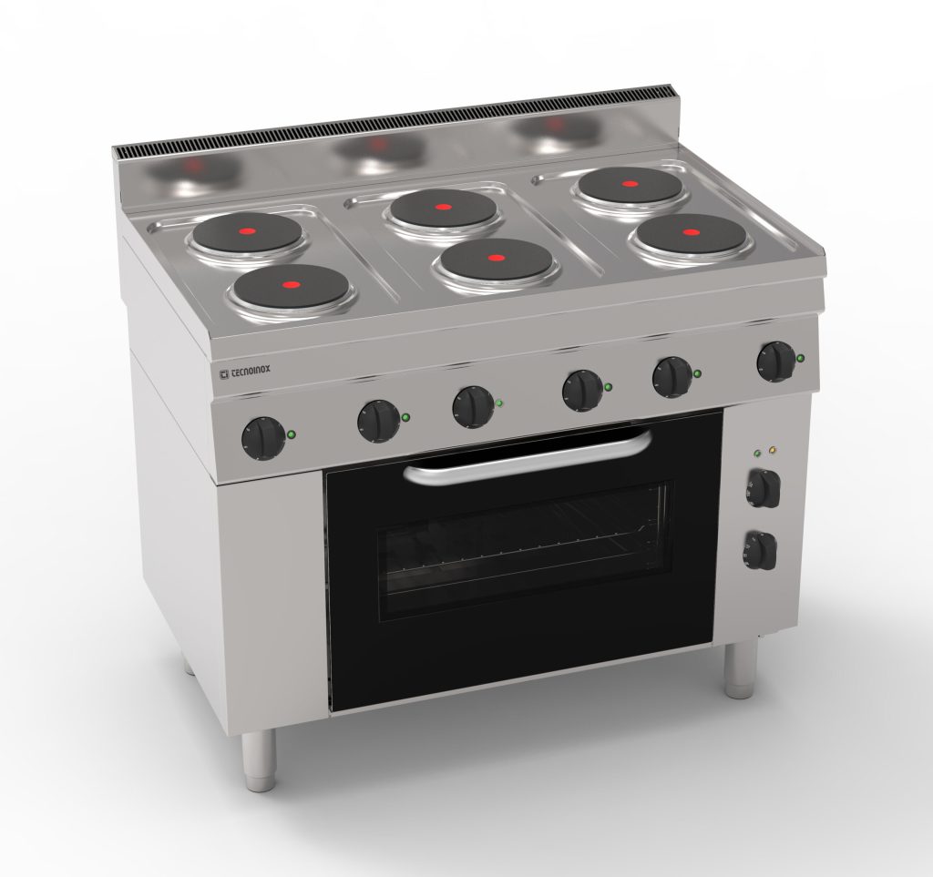 Cucina elettrica con 6 piastre ermetiche tonde (diam 18cm – 7.1in) e forno elettrico a convezione con 1 griglia e 1 teglia