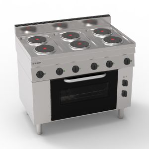 Cucina elettrica con 6 piastre ermetiche tonde (diam 18cm – 7.1in) e forno elettrico a convezione con 1 griglia e 1 teglia