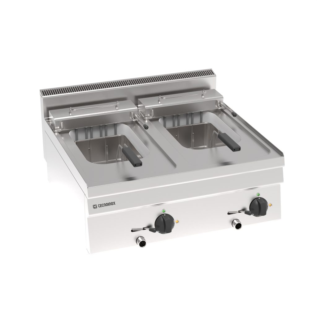 Friggitrice elettrica vasca doppia 8+8lt con elementi riscaldanti in vasca basculanti top – cestelli e coperchi inclusi – Tecnoinox