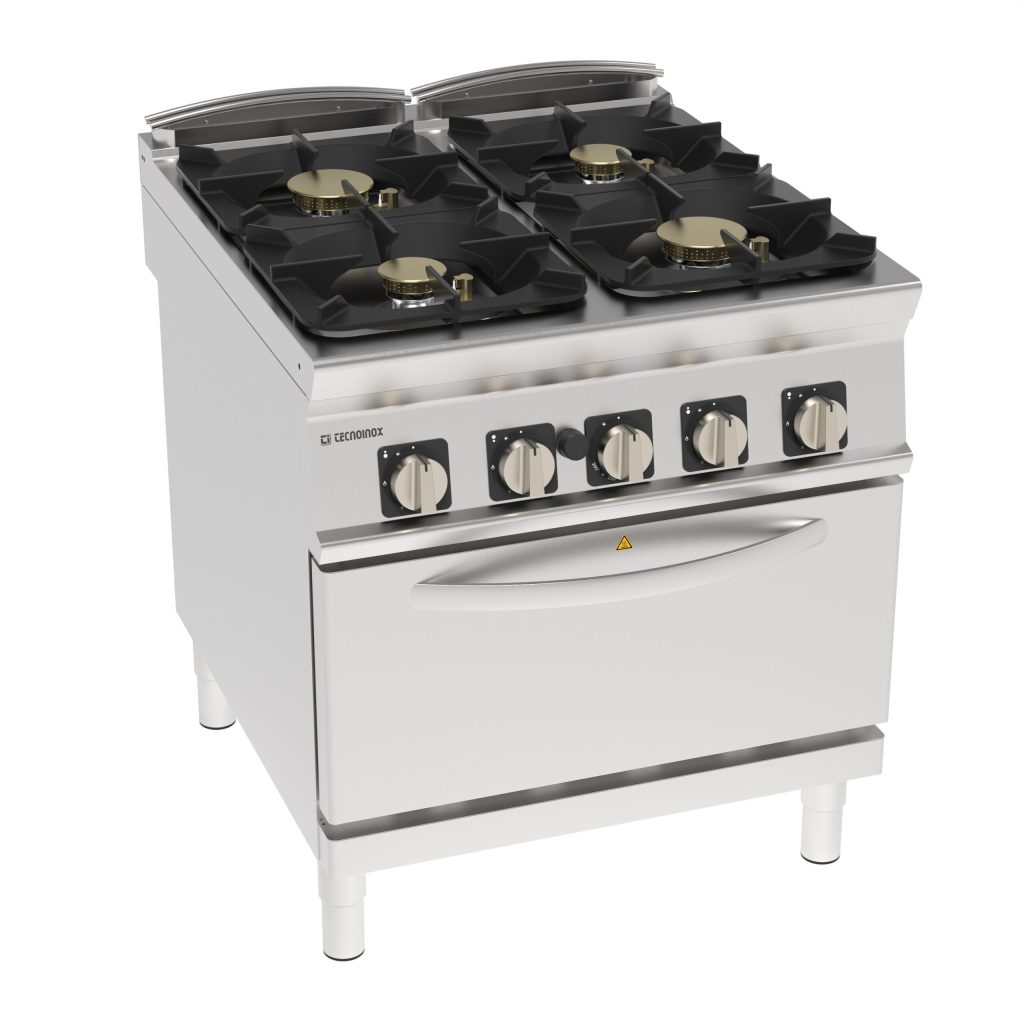 Cucina gas ermetica 4 fuochi con griglie in ghisa su forno gas statico GN2/1 con 1 griglia