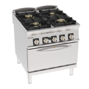 Cucina gas ermetica 4 fuochi con griglie in ghisa su forno gas statico GN2/1 con 1 griglia